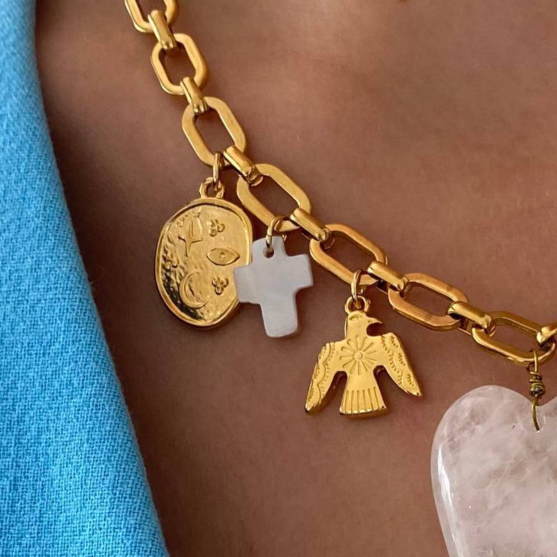 Minimalist 18K Gold Plated Stainless Steel Heart Star Charm Bar with Cable Chain
