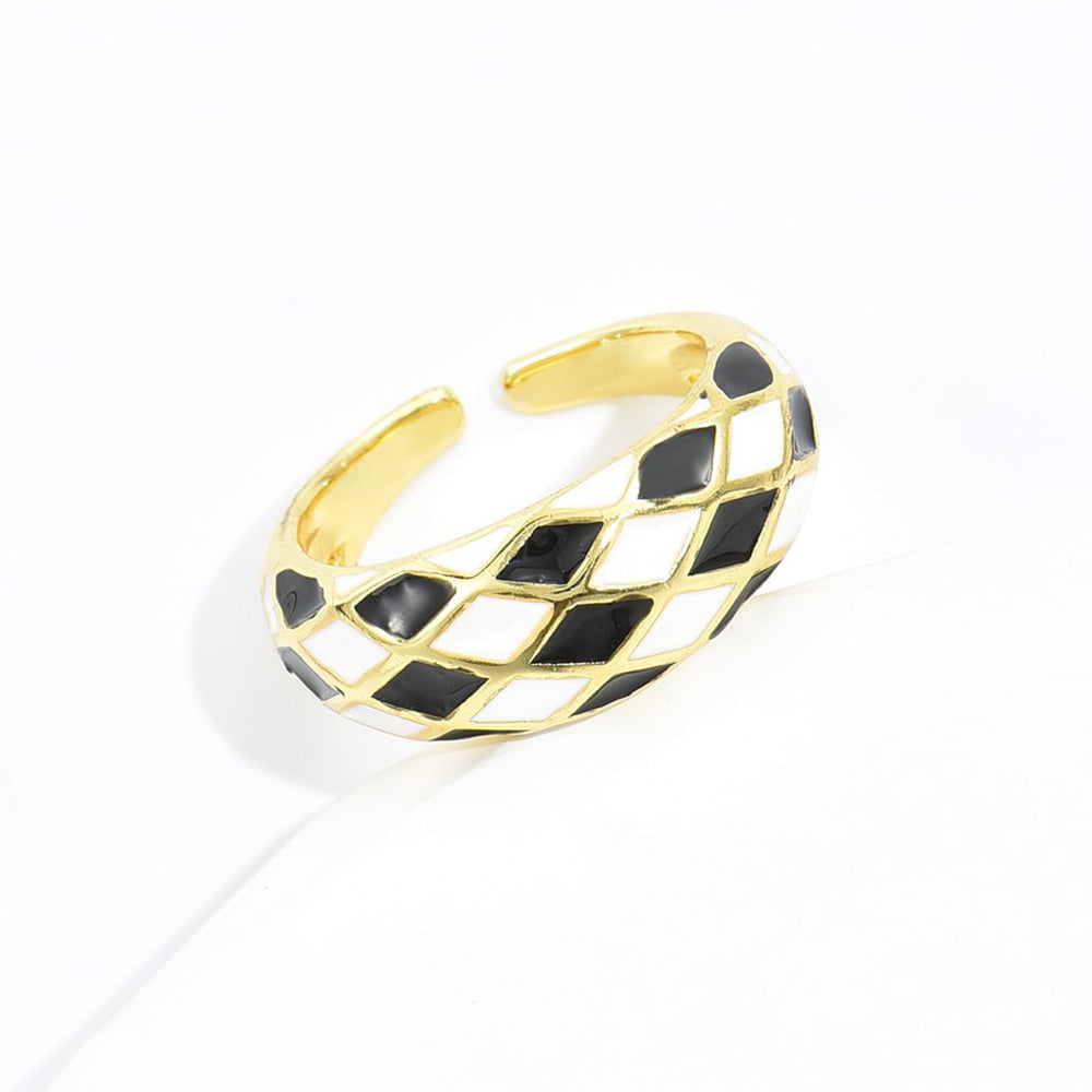 Vintage Geometric Diamond Black and White Checkered Enamel Copper Ring 18K Gold Plated Open Adjustable for Women