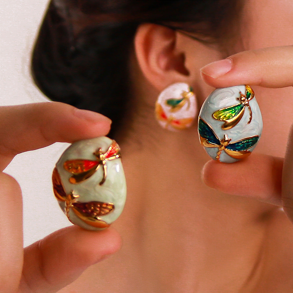 Minimalist Asymmetrical Oval Stainless Steel Earrings with Enamel Dragonfly Pattern and 18K Gold Plating for Women