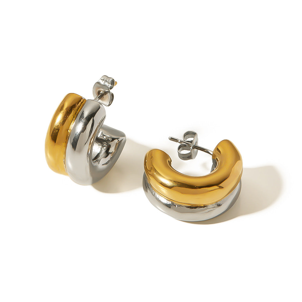 Orecchini a cerchio geometrici minimalisti a forma di C in acciaio inossidabile placcati oro e argento da donna