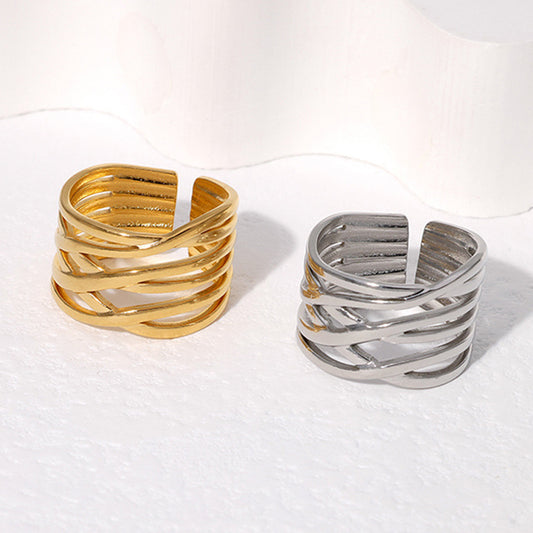 Minimalist Geometric Line Titanium Steel Wide Open Ring for Women with Hollow Design and Plated Finish
