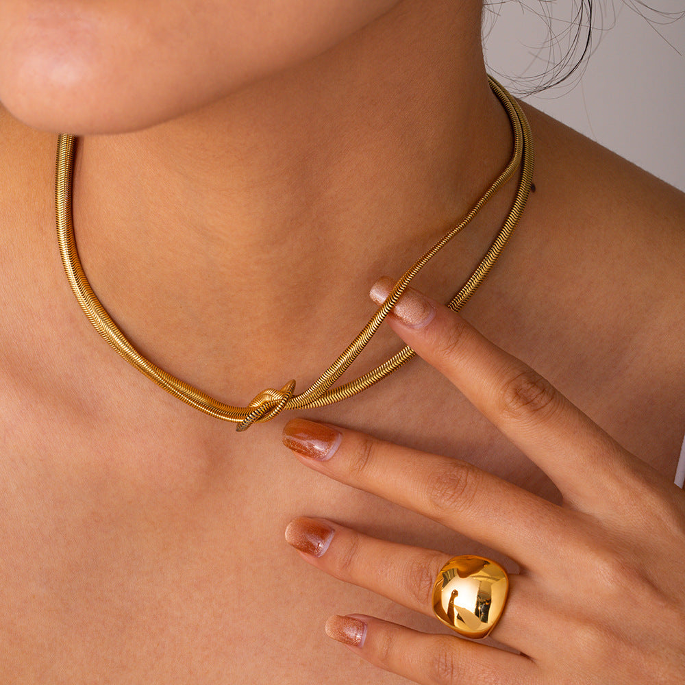 Minimalist Geometric Knot Pendant Necklace in Titanium Steel with Gold Plating on Stainless Steel Snake Chain for Women
