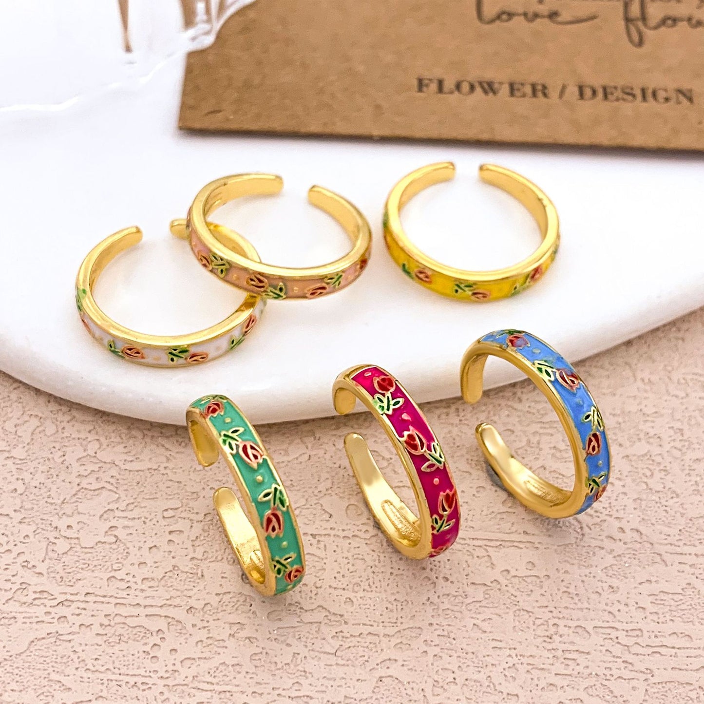 Minimalist Elegant Floral Enamel Plated Alloy Adjustable Ring for Women