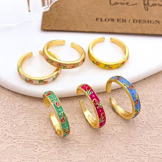 Anello regolabile da donna in lega smaltata, minimalista elegante, con motivo floreale