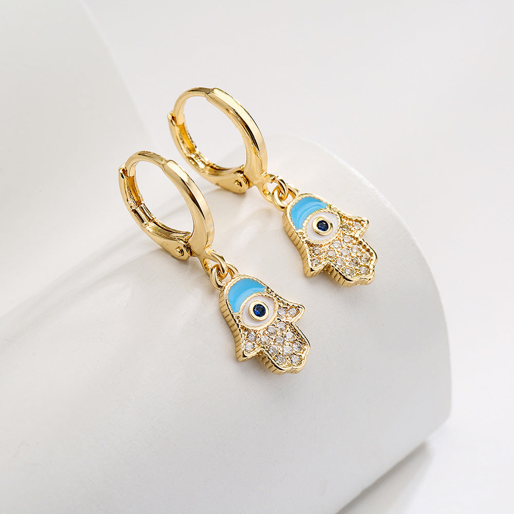 Vintage-Style Geometric Copper Earrings with 18K Gold Plating and Enamel Finish Featuring Hand and Eye Motifs for Women