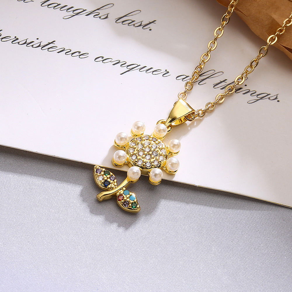 Minimalist Sunflower Pendant Necklace for Women with Copper Base Plated in 18K Gold, Zircon and Pearl Inlay, Floral Geometric Design