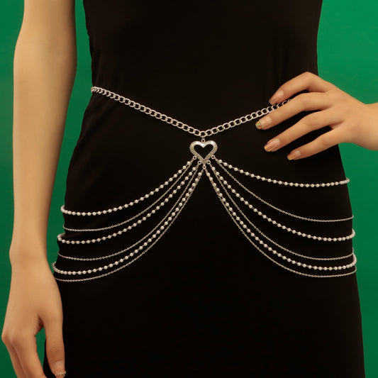 Punk Style Multi-Layer Tassel Aluminum Waist Chain with Imitation Pearl Accents for Women