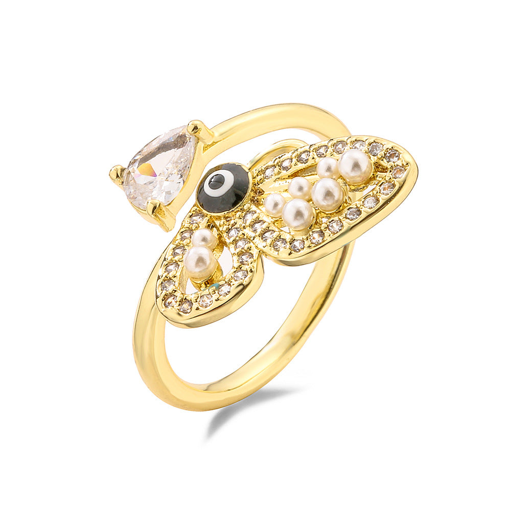 Elegant Butterfly-Shaped Geometric Open Ring for Women with Zircon and Pearl Accents, Micro-Paved Copper Jewelry