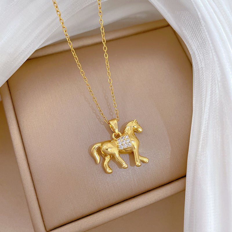 Sweet Full Rhinestone Horse Geometric Pendant Titanium Steel Necklace for Unisex
