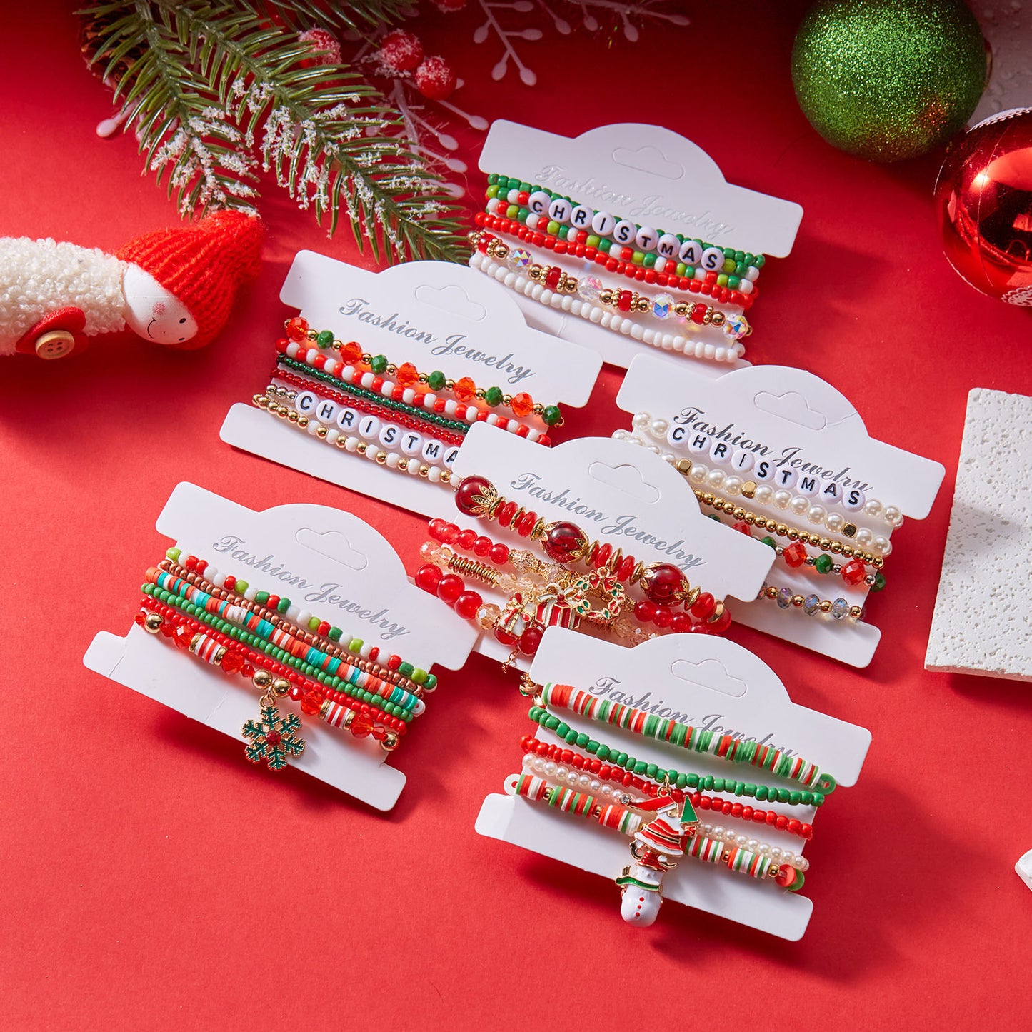 Christmas Cartoon Character Resin Bracelet Set with Snowflake Reindeer Bell Santa Claus Elements Casual Unisex Jewelry