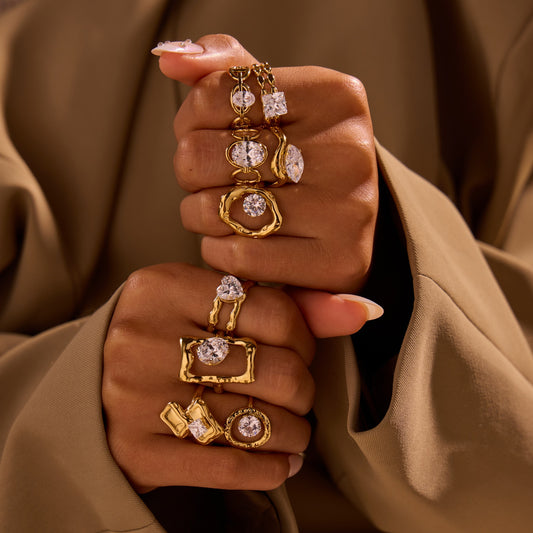Minimalist Irregular Geometric Titanium Steel Ring with Zircon Inlay and 18K Gold Plating for Women