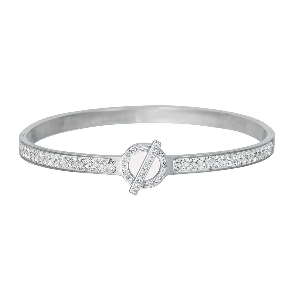 Minimalist Geometric Round Titanium Steel Plated Rhinestone Open Cuff Bracelet for Women