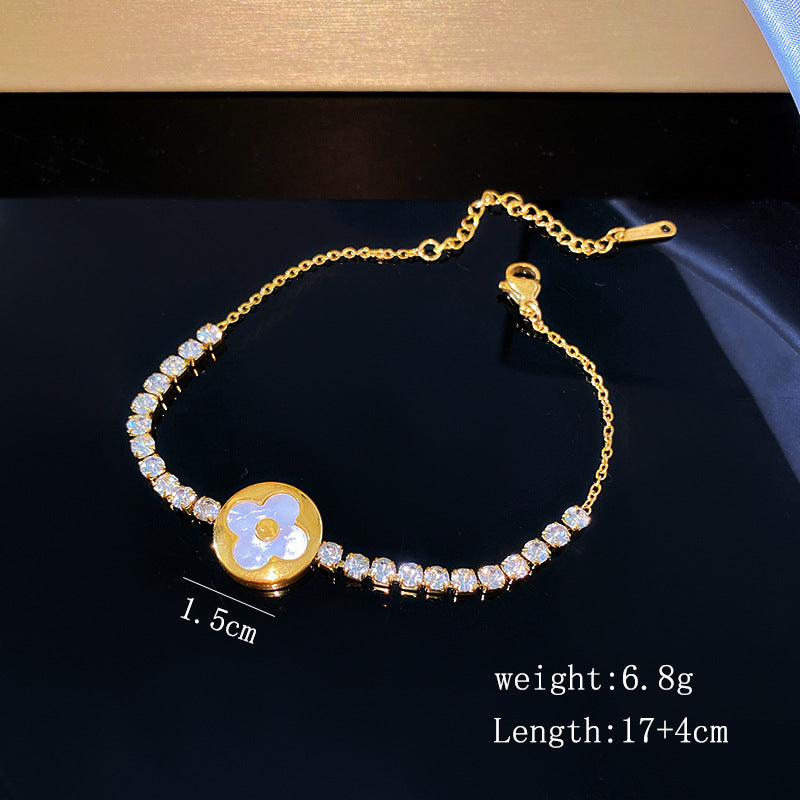 Minimalist Sweet Micro-inlaid Cubic Zirconia and Shell Flower Plated Titanium Steel Bracelet