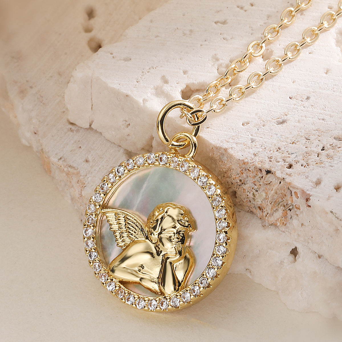 Minimalist 18K Gold Plated Brass Round Shell Flower Angel Pendant Necklace with Cubic Zirconia