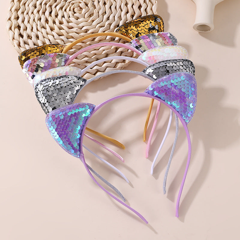 Fascia per capelli per bambini con orecchie da gatto, carina, con paillettes e design a squame di pesce, in tessuto con bordo in pizzo
