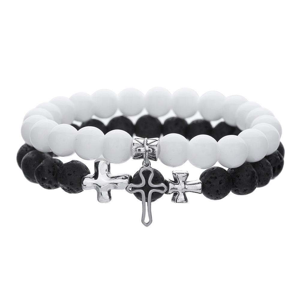Minimalist Geometric 8mm White Pine Volcanic Stone and Hematite Ball Chain Bracelet Set with Cross and Astronaut Charms
