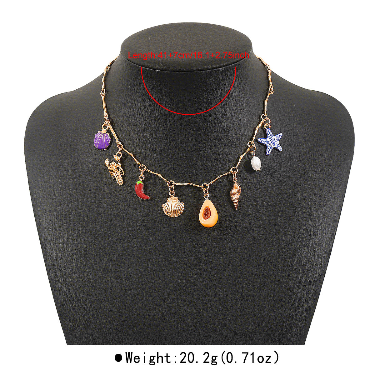 Collar de mujer estilo bohemio con cuentas en forma de corazón y estrella de mar, con esmalte y colgante de aleación en cadena estándar
