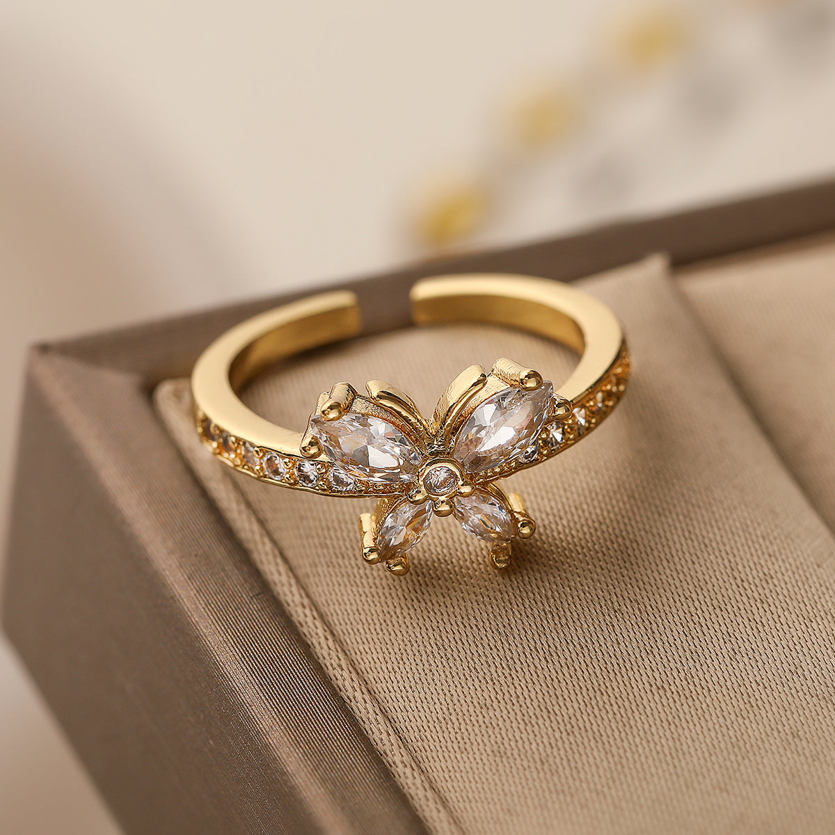 Minimalist Geometric Butterfly-Shaped Copper Ring for Women with Micro-Pavé Setting