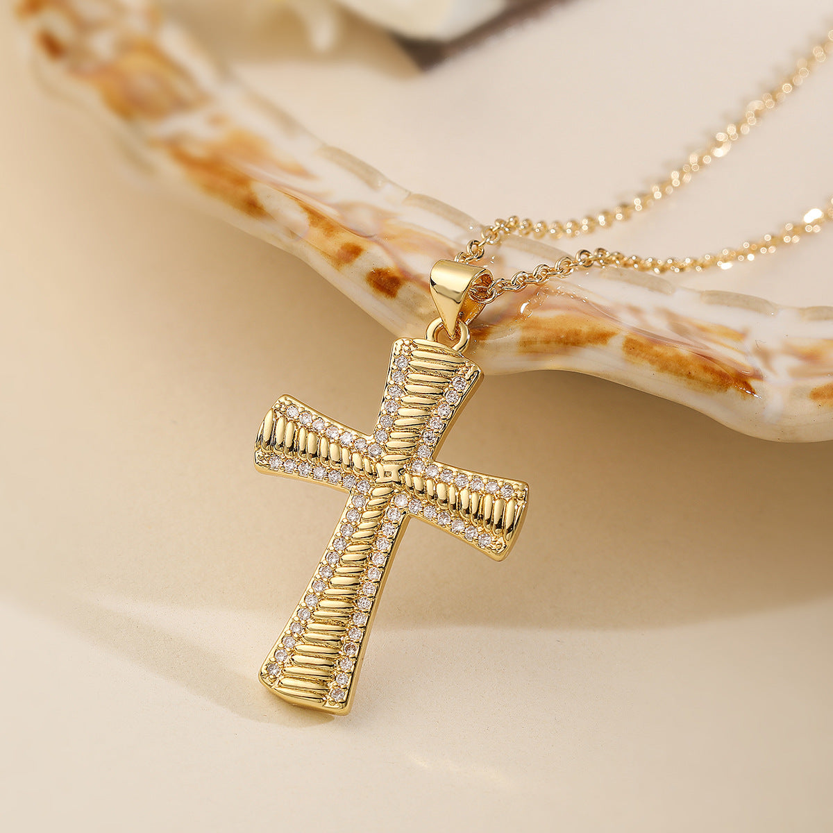 Minimalist Luxe Cross Pendant Necklace for Women with Copper Base Plated in 18K Gold and Zircon Inlay