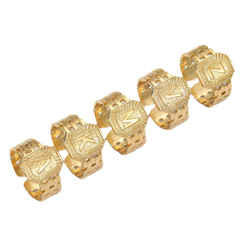 Anillo de letra ajustable de acero inoxidable con acabado chapado para dedo índice unisex estilo vintage