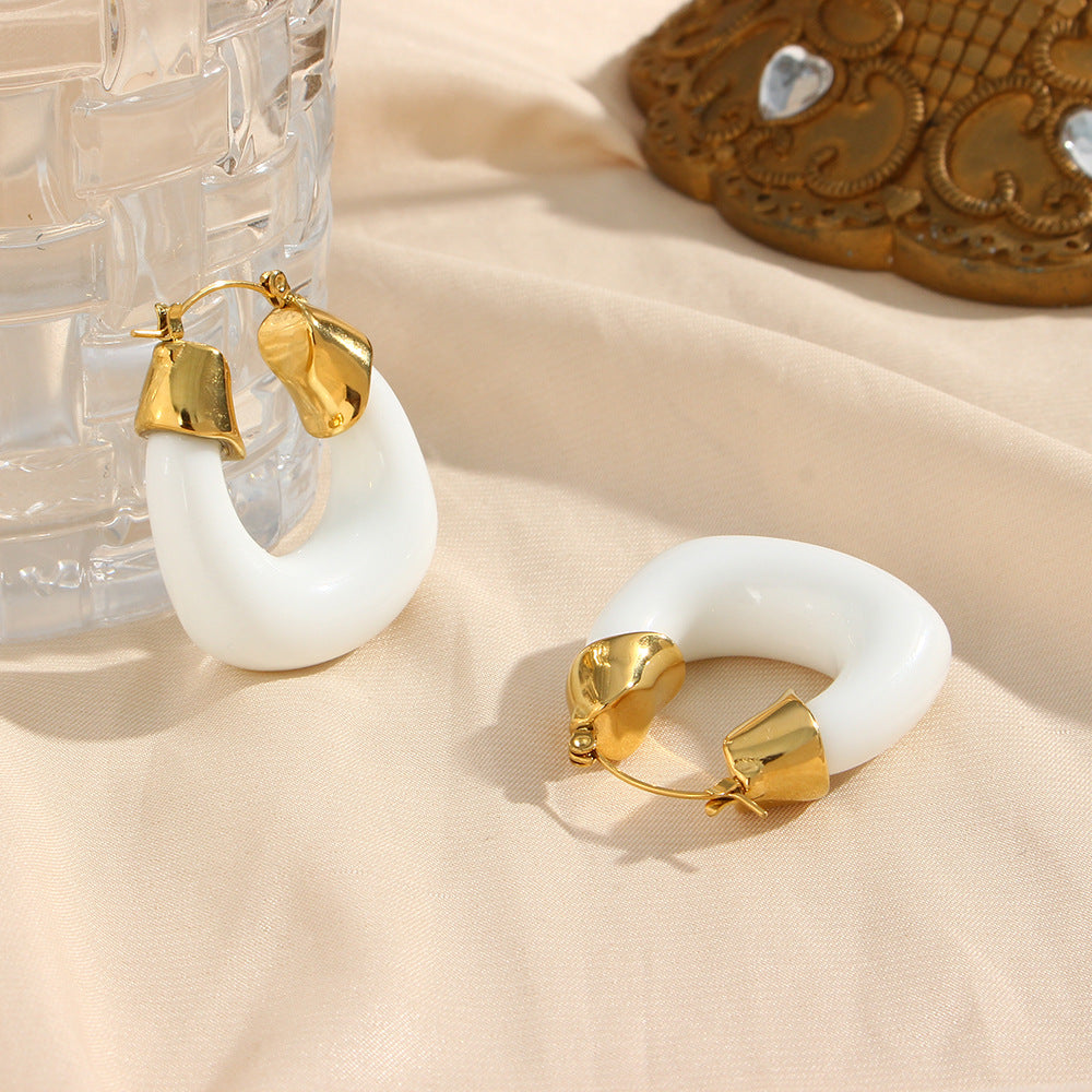 Vintage-Style U-Shaped Stainless Steel Gold-Plated Acrylic Hoop Earrings for Women with Transparent Colorful Design