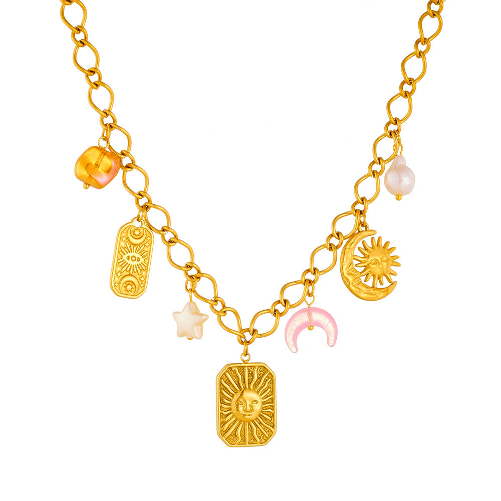 Chic Square Sun Moon Stainless Steel Plated Necklace for Women