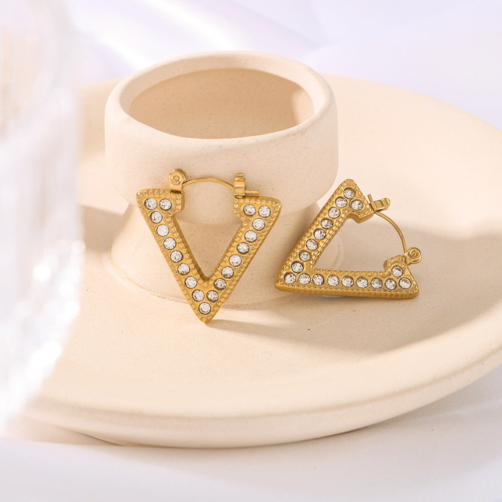 Minimalist Geometric Triangle Stainless Steel Stud Earrings with Zircon Inlay and 18K Gold Plating