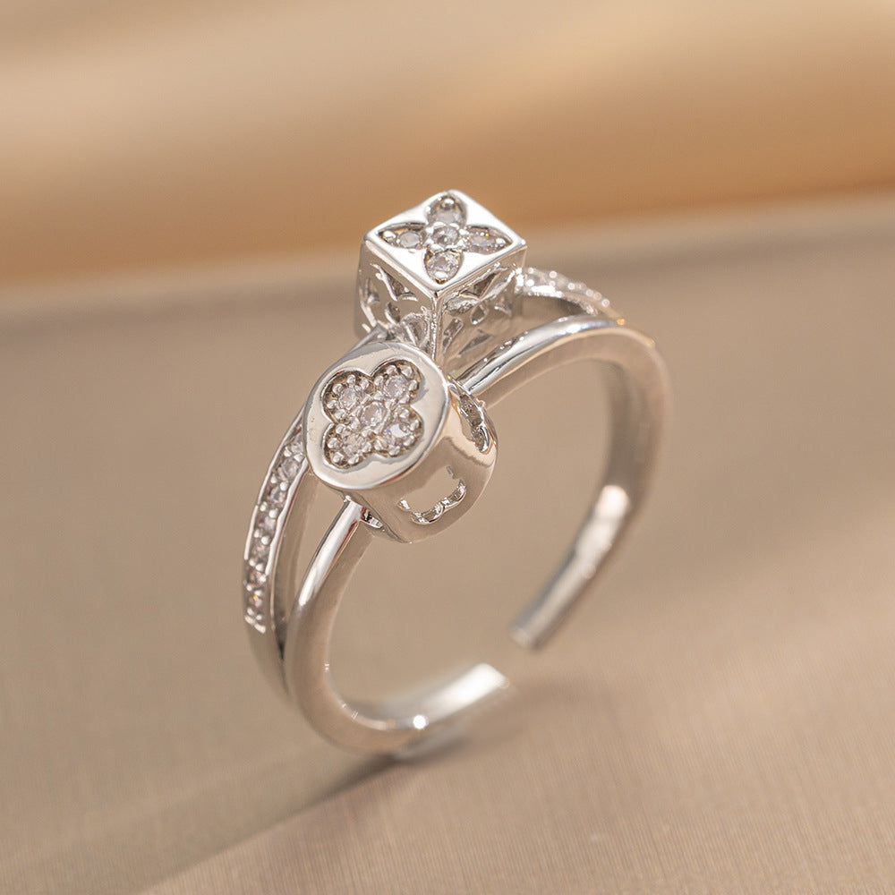 Luxury Minimalist Adjustable Open Ring for Women with Gold-Plated Copper Band and Zircon Stone Accent in Heart and Floral Shape