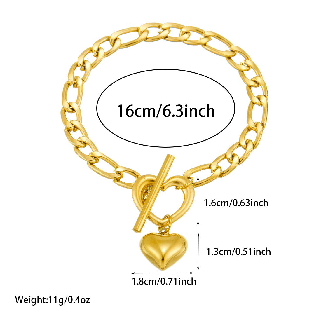 Minimalist Elegant Gold Plated Stainless Steel Heart Pendant Bracelet with OT Clasp