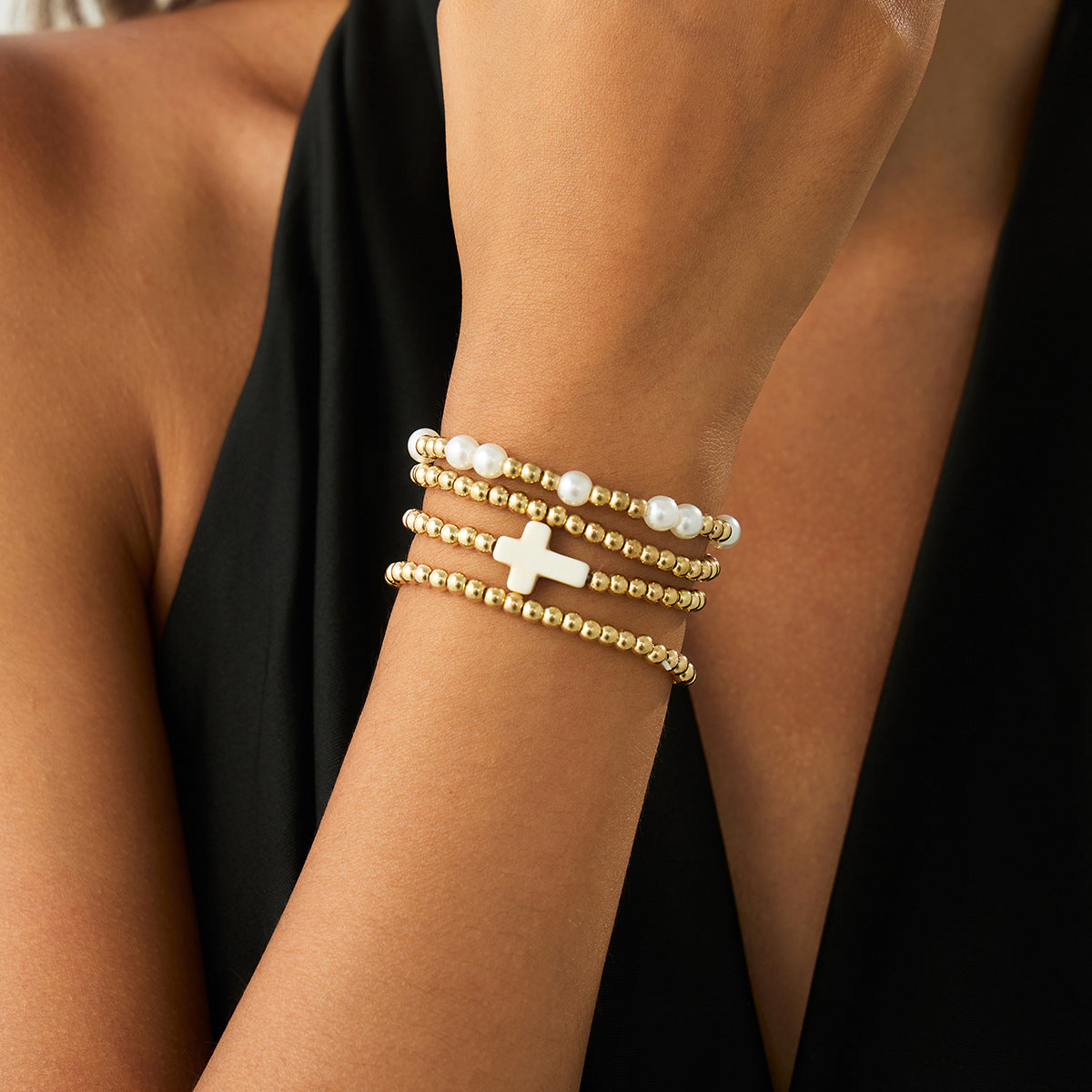 Minimalist Geometric Acrylic Beaded Stretch Bracelet Set with Cross Charm for Women
