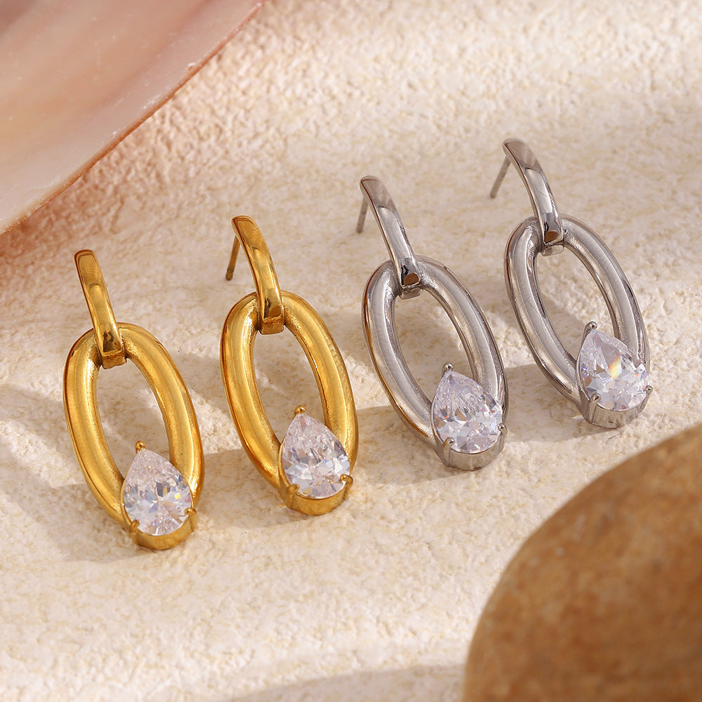 Minimalist Luxury 18K Gold Plated Stainless Steel Oval Teardrop Geometric Cubic Zirconia Earrings for Women