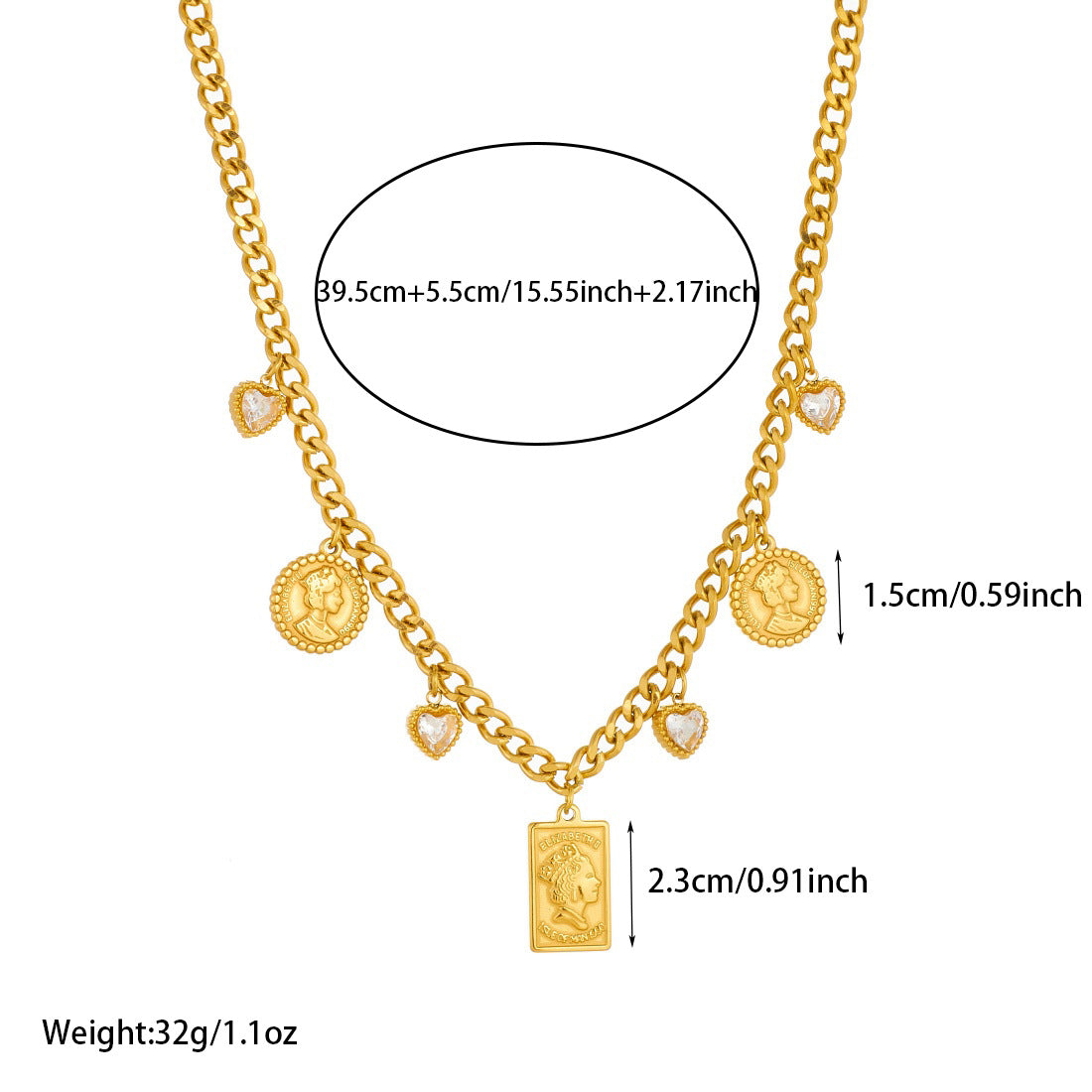 Vintage Gold Plated Geometric Heart Rhinestone Portrait Relief Pendant Necklace for Women