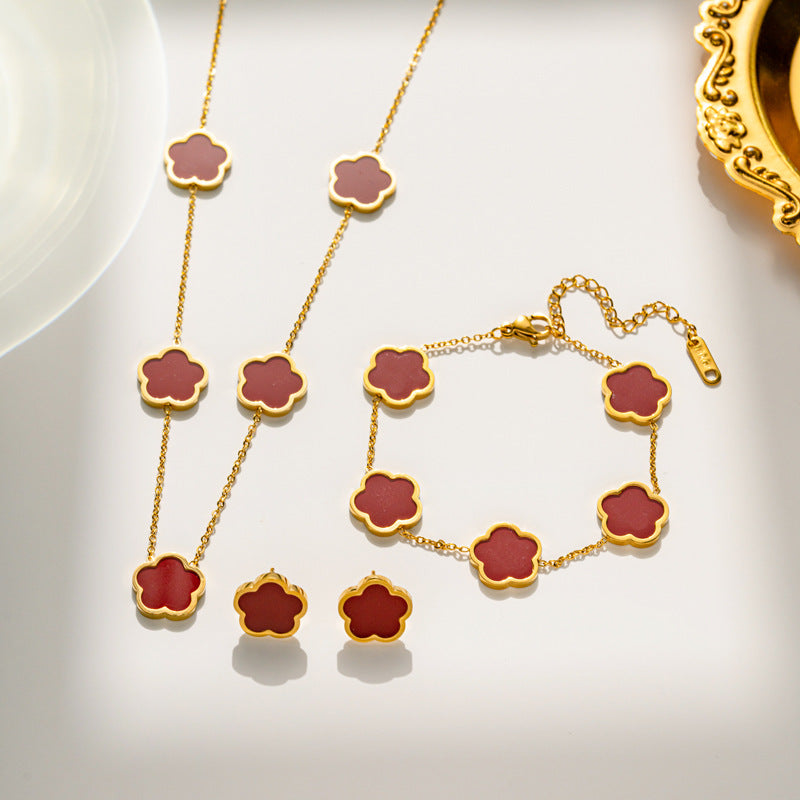 Luxury Minimalist Floral Five-Petal Pendant Necklace Set with Titanium Steel Chain and Mother-of-Pearl Inlay for Women