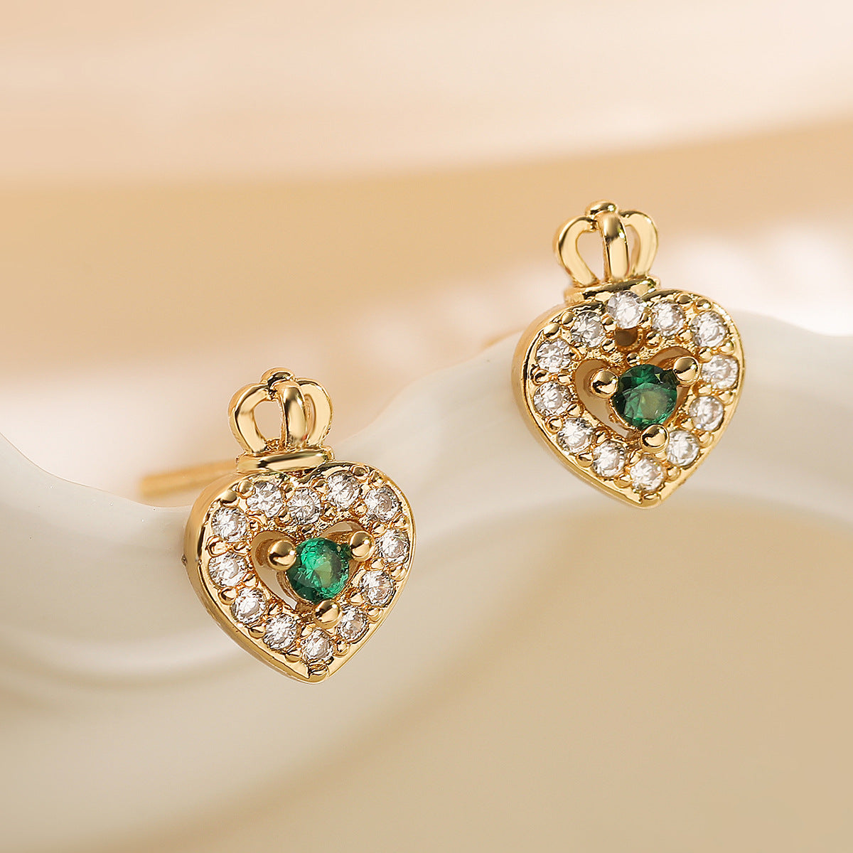 Minimalist Luxury Gold Plated Brass Heart Stud Earrings with Cubic Zirconia for Women