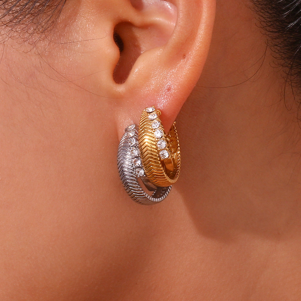 Fashionable Geometric Stainless Steel Earrings with 18K Gold Plating and Micro-Pave Crossed Fishbone Texture