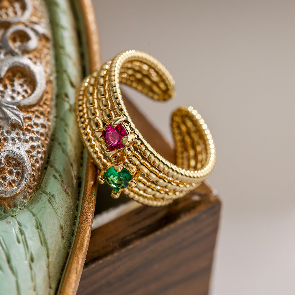 Minimalist Geometric Open Ring for Women Made of Copper with Real Gold Plating and Zircon Inlay