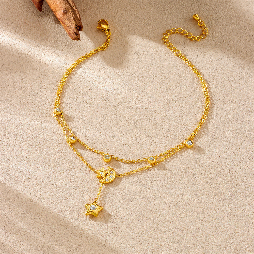 Minimalist Stainless Steel Star Moon Rhinestone Tassel Anklet for Women