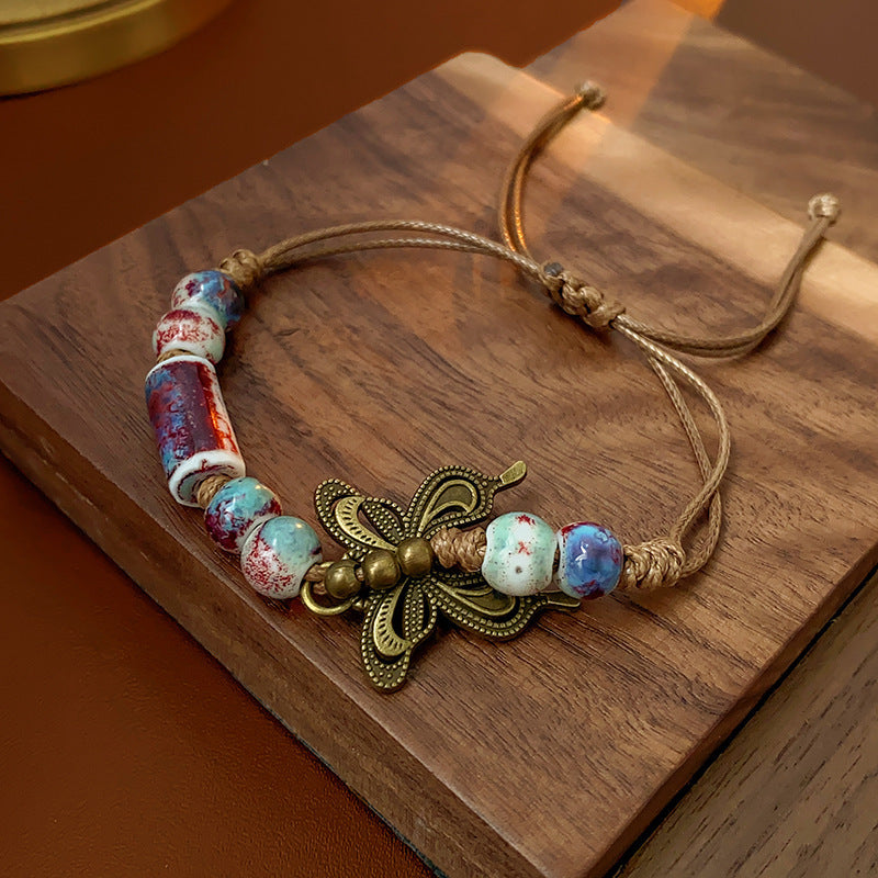 Vintage Ethnic Geometric Round Alloy Beaded Bracelet for Women
