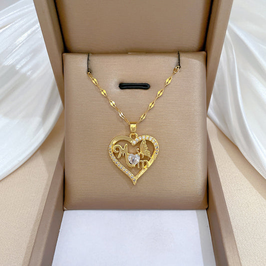 Butterfly and Heart Shaped Stainless Steel Necklace with Rhinestone Inlay for Women and Men, Minimalist Geometric Pendant on Titanium Steel Chain