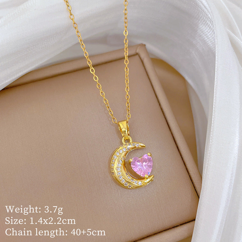 Sweet Minimalist Twisted Moon Heart Geometric Rhinestone Pendant Titanium Steel Necklace for Unisex