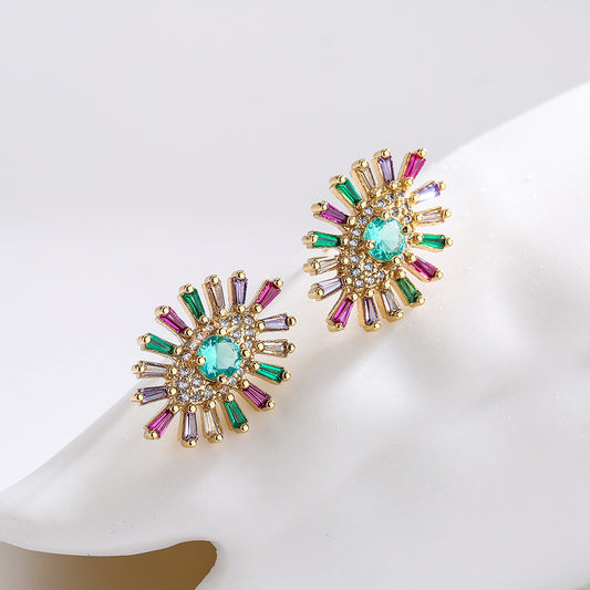 Orecchini geometrici in rame con placcatura in oro 18K e zirconi micro-incastonati a forma di occhi per donna