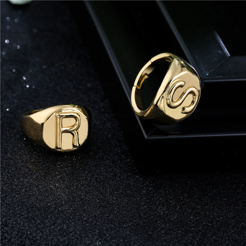 18K Gold Plated Brass Letter Open Ring for Women Adjustable