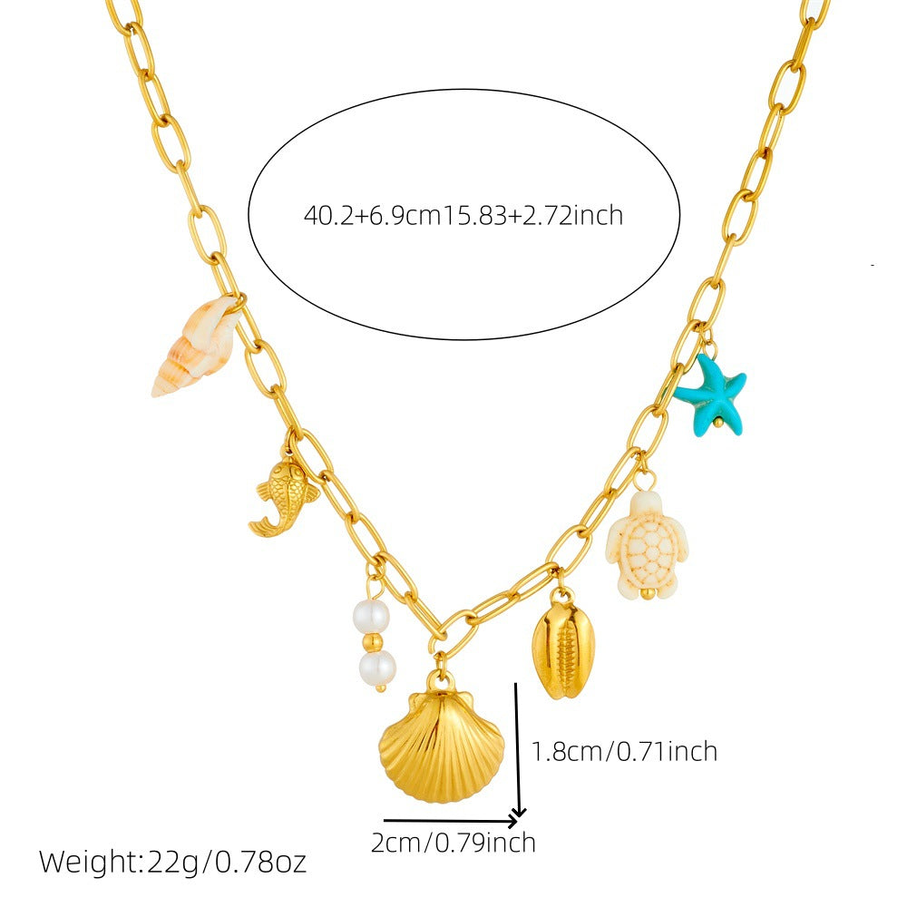 Fashion Gold Plated Stainless Steel Animal Shell Seahorse Turtle Starfish Pendant Curb Chain Necklace for Women