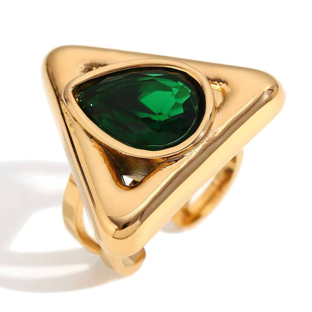 Fashionable Geometric Stainless Steel Ring with 18K Gold Plating and Teardrop Rhinestone Accents for Women