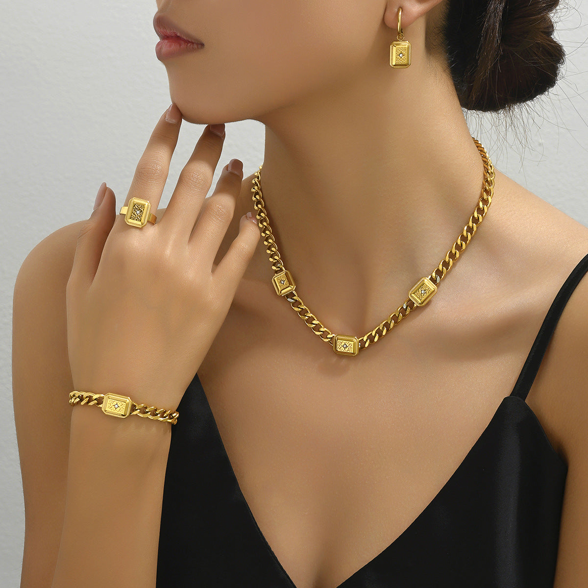 Set di bracciale, anello, orecchini e collana in rame con zirconi, geometrico, lusso minimalista, da donna