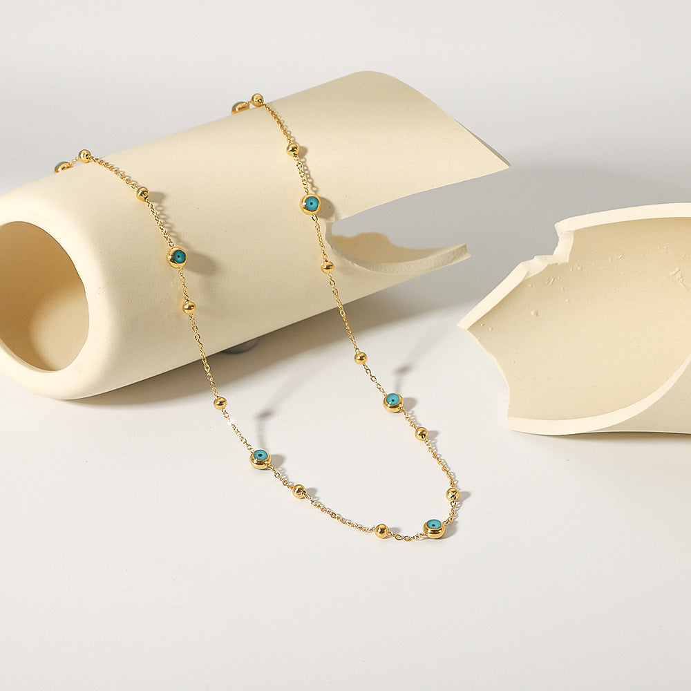 Minimalist Geometric Round Bead Necklace in Stainless Steel with 18K Gold Plating and Turquoise Inlay for Women