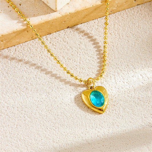 Fashionable Minimalist Oval Geometric Rhinestone-Inlaid Glass Heart Pendant Stainless Steel Ball Chain Clavicle Necklace for Women