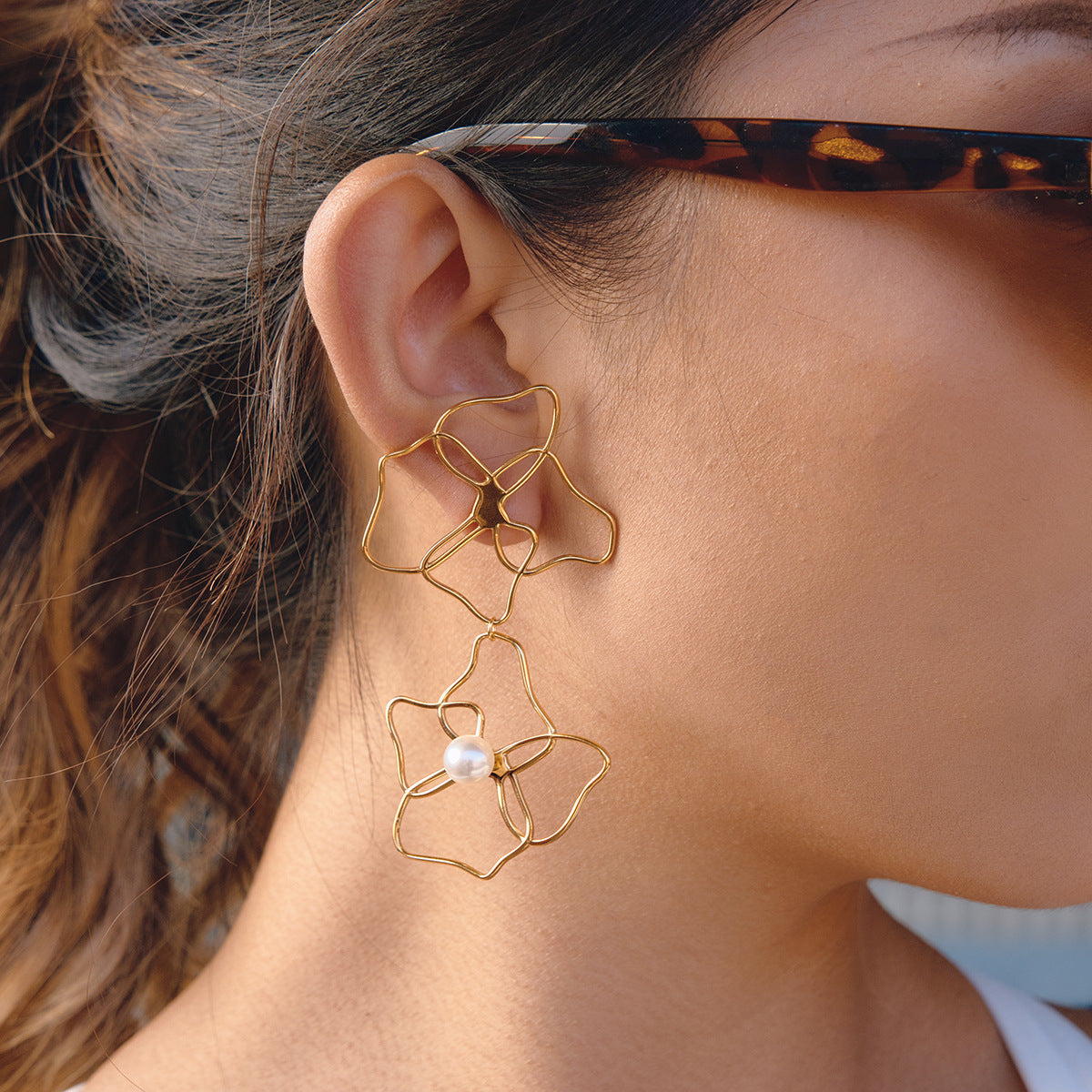 Elegant Geometric Floral Hollow Carved Stainless Steel Earrings for Women with PVD Finish