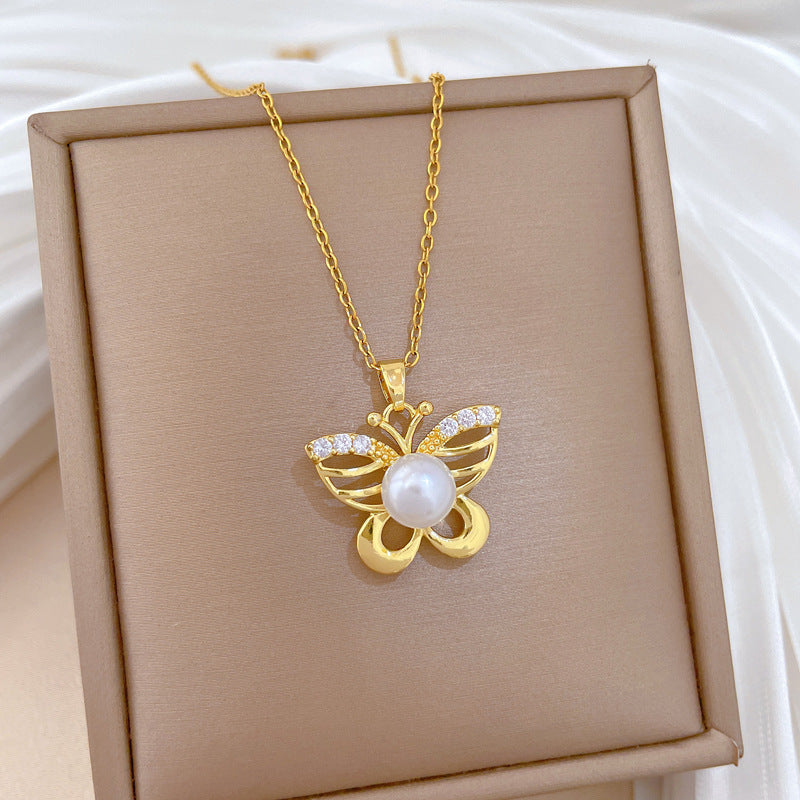 Sweet Elegant Hollow Butterfly Pearl Rhinestone Necklace Titanium Steel Cable Chain for Women
