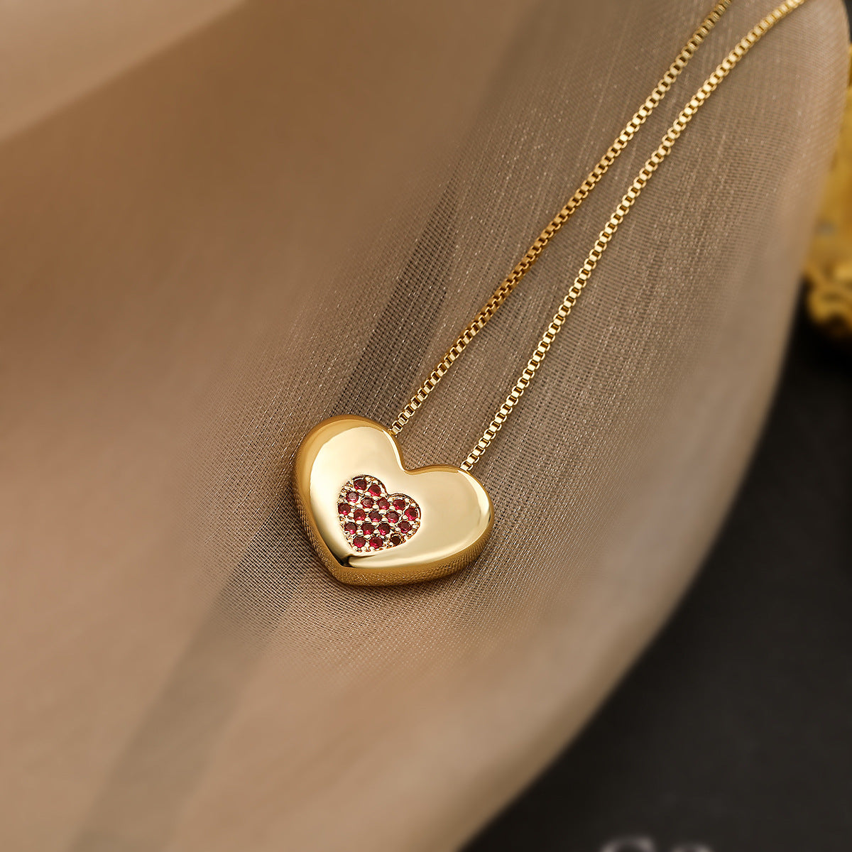 Minimalist Heart-Shaped Copper Pendant Necklace with 18K Gold Plating and Zircon Inlay for Women